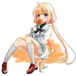 Rule 34 | 1girl, arm support, black shirt, blonde hair, brown eyes, commentary request, covered mouth, flower, full body, futaba anzu, grey shirt, grey skirt, grey socks, highres, holding, holding flower, idolmaster, idolmaster cinderella girls, idolmaster cinderella girls starlight stage, knees up, loafers, long hair, long sleeves, looking at viewer, low twintails, orange flower, puffy long sleeves, puffy sleeves, red shoes, rino cnc, shirt, shoes, sitting, skirt, sleeves past wrists, socks, solo, twintails, undershirt, very long hair, white background