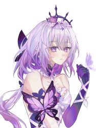 1girl absurdres bug butterfly butterfly_on_hand butterfly_ornament castorice_(honkai:_star_rail) elbow_gloves gloves highres honkai:_star_rail honkai_(series) insect pointy_ears purple_butterfly purple_gloves purple_hair purple_pupils single_elbow_glove solo tiara upper_body velvetbl0ssoms