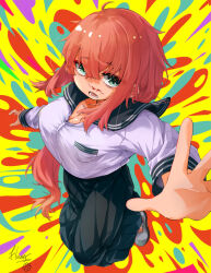 1girl absurdres aqua_eyes artist_name avarangers black_sailor_collar black_skirt blood breast_pocket breasts cleavage commentary_request hair_between_eyes highres large_breasts long_hair long_sleeves looking_at_viewer lower_teeth_only michinoku_komaro no_dickey nosebleed open_mouth outstretched_arm pink_hair pleated_skirt pocket reaching reaching_towards_viewer sailor_collar school_uniform seitokai_ni_mo_ana_wa_aru! serafuku shirt shoes skirt solo teeth uwabaki white_shirt