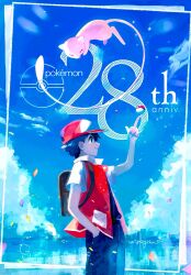 1boy anniversary black_hair black_shirt closed_mouth cloud commentary day gen_1_pokemon hand_in_pocket hanenbo hat highres index_finger_raised jacket legendary_pokemon male_focus mew_(pokemon) mythical_pokemon nintendo outdoors pants poke_ball poke_ball_(basic) pokemon pokemon_(creature) pokemon_rgby red_(pokemon) red_headwear shirt short_hair sky smile