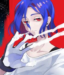 1boy blue_hair colored_inner_hair dabu_(dabuchan) gloves gundam gundam_gquuuuuux half-closed_eyes looking_at_viewer male_focus multicolored_hair purple_hair red_background red_eyes shirt short_hair shuji_ito solo two-tone_hair white_shirt