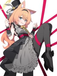 1girl absurdres animal_ear_fluff animal_ears bare_shoulders black_headband black_overskirt black_pantyhose blue_archive blue_eyes blush bow breasts cat_ears dress flower flower_hat fluffy_hair grey_dress grey_feathers hagoonha halo hat hat_flower headband highres idol idol_clothes long_hair looking_at_viewer mari_(blue_archive) mari_(idol)_(blue_archive) mini_hat official_alternate_costume open_mouth orange_hair pantyhose red_bow restrained rose small_breasts solo top_hat wrist_wrap yellow_flower yellow_rose