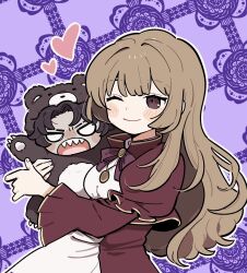 1boy 1girl animal_costume bear_costume bow bowtie brown_dress brown_eyes brown_hair catherine_(project_moon) chibi dress heart heathcliff_(project_moon) highres kojocho05 limbus_company long_hair long_sleeves looking_at_another looking_at_viewer project_moon purple_background purple_bow purple_bowtie sharp_teeth simple_background smile teeth upper_body
