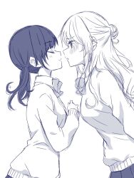 2girls blush bow bowtie cardigan closed_eyes closed_mouth collared_shirt commentary greyscale highres imminent_kiss long_hair monochrome multiple_girls original parted_lips pleated_skirt shirt skirt smile symbol-only_commentary tottoto_tomekichi twintails yuri