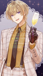Rule 34 | 1boy, :d, ahoge, alcohol, artist name, black necktie, blonde hair, champagne, champagne flute, collared shirt, cup, drinking glass, fura kanato, hair between eyes, hand up, hashtag-only commentary, head tilt, holding, holding cup, jacket, lapels, long sleeves, looking at viewer, male focus, mapogeso, multicolored hair, necktie, nijisanji, open clothes, open jacket, open mouth, orange hair, pants, purple eyes, shirt, shirt tucked in, short hair, signature, smile, solo, sparkle, streaked hair, suspenders, teeth, tie clip, twitter username, upper teeth only, virtual youtuber, watermark, white jacket, white pants, wing collar, yellow shirt