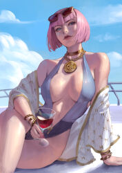 1girl blue_eyes blue_sky bob_cut bracelet breasts center_opening cleavage cloud crossed_legs cup drinking_glass eyewear_on_head gold_bracelet gold_necklace highleg highleg_one-piece_swimsuit highres jewelry large_breasts looking_to_the_side manon_legrand medallion multiple_bracelets neck_ring necklace official_alternate_costume official_alternate_hairstyle one-piece_swimsuit phamoz pink_hair short_hair sitting sky smile solo street_fighter street_fighter_6 sunglasses swimsuit thighs wine_glass
