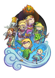 4girls 5boys aryll blonde_hair cello closed_eyes everyone fado_(wind_waker) fishman_(zelda) ganondorf hat highres holding holding_instrument holding_lyre instrument laruto link lyre makar medli multiple_boys multiple_girls nintendo pointy_ears princess_zelda randallrandom rito rupee_(zelda) tetra the_king_of_red_lions the_legend_of_zelda the_legend_of_zelda:_the_wind_waker toon_link toon_zelda waves white_background wind_waker_(object)
