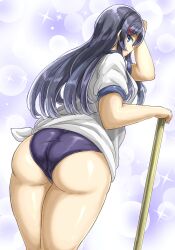Rule 34 | 1girl, absurdres, ass, black hair, black one-piece swimsuit, breasts, broom, commentary request, ga geijutsuka art design class, gym uniform, hair ornament, hairclip, highres, holding, holding broom, long hair, marihei64ds, medium breasts, one-piece swimsuit, oomichi miyabi, school swimsuit, shirt, short hair, short sleeves, solo, sparkle, standing, swimsuit, thighs, tied shirt, white shirt
