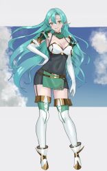 Rule 34 | 1girl, aqua hair, armor, blush, boots, bow, braid, breastplate, breasts, chloe (fire emblem), cleavage, closed mouth, dress, earrings, elbow gloves, fire emblem, fire emblem engage, gloves, green eyes, highres, jewelry, large breasts, long hair, looking at viewer, nintendo, shoulder armor, side braid, smile, solo, tarutaru193, thigh boots, very long hair, white boots, white gloves