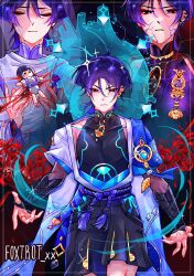 1boy 3boys ahoge animal_print armor arms_at_sides artist_name belt bird_print black_belt black_bodysuit black_bridal_gauntlets black_eyes black_shorts blue_cape blue_gemstone blue_kimono blue_sleeves blunt_ends bodysuit border bow bridal_gauntlets bright_pupils cape closed_eyes closed_mouth covered_collarbone diffraction_spikes doll doll_joints earrings eyeliner eyeshadow facing_viewer feathers flower foxtrot_(foxtrot_xx) frown furisode gem genshin_impact gnosis_(genshin_impact) gold hair_intakes hakama hakama_shorts heart_(organ) highres hip_vent japanese_armor japanese_clothes jewelry joints juban kariginu kimono kote kurokote layered_sleeves long_sleeves looking_at_viewer makeup male_focus mandarin_collar mitsudomoe_(shape) multiple_boys multiple_persona neck_ring open_clothes open_hands open_kimono parted_lips pleated_shorts pom_pom_(clothes) purple_bow purple_hair purple_rope purple_sash purple_sleeves red_eyeliner red_eyeshadow red_flower rope sash scaramouche_(genshin_impact) scaramouche_(kabukimono)_(genshin_impact) short_sleeves shorts shoulder_peek solo spider_lily tassel tasuki tears tomoe_(symbol) vision_(genshin_impact) wanderer_(genshin_impact) white_border white_kimono white_mouth white_pupils white_sleeves white_trim yellow_feathers