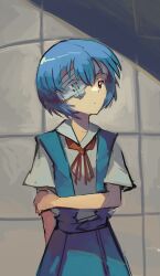 1girl absurdres aqua_hair ayanami_rei blue_skirt eyepatch highres kornod medical_eyepatch neon_genesis_evangelion red_eyes school_uniform shirt short_sleeves skirt solo tile_floor tiles tokyo-3_middle_school_uniform unworn_eyewear white_shirt