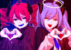 2girls ahoge alternate_costume alternate_eye_color black_background black_jacket blue_eyes blue_hair blue_nails blue_necktie buttons commentary daidaidaidaidaikirai fingernails flat_chest fumita_bntr green_nails hair_between_eyes halo hatsune_miku heart heart_hands jacket kasane_teto multiple_girls necktie red_eyes red_hair sharp_teeth shirt spotlight symbol-shaped_pupils teeth thumbs_down_heart_hands tongue tongue_out twintails upper_body upper_teeth_only utau vocaloid white_shirt