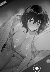 1girl black_hair blush breasts fake_phone_screenshot fake_screenshot female_pubic_hair greyscale highres japanese_clothes kimono large_breasts lying monochrome nipples on_side original pill pov pubic_hair pussy_juice sweat tomohiro_kai under_covers yukata