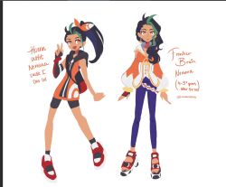 2girls age_progression aged_up alternate_costume alternate_hairstyle bare_shoulders bike_shorts black_hair black_hood black_shorts bow breasts bright_pupils character_name constarlations dark-skinned_female dark_skin detached_sleeves dress dual_persona earrings english_text fingerless_gloves freckles full-length_zipper gloves green_hair hair_pulled_back highres hood hood_down hooded_dress jewelry large_breasts long_sleeves multicolored_hair multiple_girls nemona_(pokemon) nintendo open_collar open_mouth orange_bow orange_dress orange_shirt pants poke_ball pokemon pokemon_rse pokemon_sv ponytail premier_ball puffy_long_sleeves puffy_sleeves purple_pants sandals shirt short_dress shorts single_glove smile sports_sandals sun_earrings v white_pupils zipper