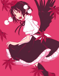 autumn_leaves black_bow black_bowtie black_hair black_skirt black_socks black_wings bow bowtie clothes_lift collared_shirt feathered_wings frilled_skirt frills from_side geta hat highres leaf lifting_own_clothes long_skirt looking_at_viewer open_mouth pink_background pom_pom_(clothes) puffy_short_sleeves puffy_sleeves red_footwear red_hat shameimaru_aya shirt short_hair short_sleeves skirt skirt_lift socks teeth tengu tengu-geta tokin_hat toraneko_2 touhou upper_teeth_only white_shirt wings