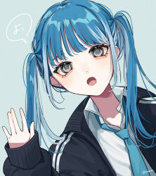 1girl :o aegyo_sal aqua_necktie black_jacket blue_hair collared_shirt commentary_request grey_eyes highres jacket long_hair long_sleeves looking_at_viewer multicolored_hair necktie open_clothes open_jacket open_mouth original shirt sleeves_past_wrists solo speech_bubble streaked_hair tongue translation_request twintails two-tone_hair white_shirt yoruse