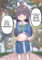 Rule 34 | 1girl, ahoge, animal ears, artist name, big belly, black hair, blue archive, blush, english text, fake animal ears, halo, highres, hime cut, inflation, leaf, leaf on head, long hair, long sleeves, looking at viewer, miyu (blue archive), mochii89, navel, open mouth, pantyhose, pregnancy halo, pregnant, red eyes, school uniform, serafuku, skirt, solo, stomach, variant set