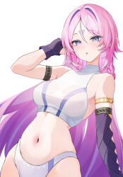 1girl asymmetrical_gloves blue_eyes breasts buruma chobonu citlali_(genshin_impact) commentary crop_top elbow_gloves facial_mark genshin_impact gloves highres large_breasts long_hair looking_at_viewer navel pink_hair purple_gloves simple_background smile solo stomach triangle triangle_facial_mark uneven_gloves very_long_hair white_background white_buruma