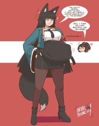 2girls absurdres animal_ears arbrianarchy artist_name belly big_belly black_necktie black_pantyhose blunt_bangs closed_eyes commentary commission english_commentary english_text fox_ears fox_tail full_body heart highres hoshimi_miyabi long_hair multiple_girls navel necktie open_clothes outie_navel pantyhose pregnant shadow speech_bubble stomach stomach_bulge tail very_long_hair zenless_zone_zero zhu_yuan