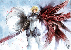 1girl armor blonde_hair blood bloody_weapon boots breasts cape clare_(claymore) claymore_(series) claymore_(sword) covered_navel curvy fantasy frown glowing glowing_eye hip_armor holding holding_sword holding_weapon large_breasts medium_hair serious shoulder_armor signature solo sword the_golden_smurf thick_thighs thighs transformation weapon white_cape yellow_eyes