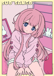 1girl :o between_legs blue_eyes blush_stickers character_name chest_of_drawers commentary_request dated hand_between_legs head_tilt highres long_hair long_sleeves looking_at_viewer neki_(wakiko) nijisanji parted_lips pink_hair pink_sweater puffy_long_sleeves puffy_sleeves shorts solo stuffed_animal stuffed_rabbit stuffed_toy suo_sango sweater twitter_username very_long_hair virtual_youtuber white_shorts