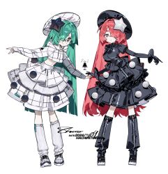 Rule 34 | 2girls, absurdres, beret, black dress, black gloves, black hat, black vs white, blunt bangs, blunt ends, breasts, christmas ornaments, christmas tree, closed mouth, commentary, cropped hoodie, dress, elbow gloves, full body, gloves, green hair, grid print, hachihito, hair ornament, hair over one eye, hat, highres, hood, hood down, hoodie, large breasts, layered dress, leg warmers, long hair, long sleeves, looking at viewer, midriff, multiple girls, original, pleated dress, red hair, round eyewear, shoes, simple background, skirt, smile, standing, star (symbol), star hair ornament, symbol-only commentary, white background, white hat, white hoodie, white shoes, white skirt