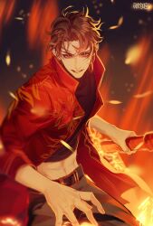 1boy abs artist_name belt black_pants black_shirt blurry brown_eyes brown_hair burning coat cowboy_shot crop_top embers fighting_stance fire highres holding holding_sword holding_weapon jacket lie_huo_jiao_chou long_sleeves male_focus midriff navel open_clothes open_coat pants parted_lips red_coat shirt short_hair smile solo sword watermark weapon xuan_ji zhuowang233