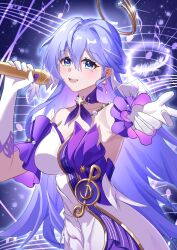 1girl bare_shoulders blue_background blue_eyes blue_hair blush bow braid breasts choker collarbone colored_inner_hair cowboy_shot detached_sleeves dress earrings feathered_wings gem gloves hair_between_eyes halo hands_up head_wings holding holding_microphone honkai:_star_rail honkai_(series) jewel_under_eye jewelry long_hair looking_at_viewer medium_breasts microphone multicolored_hair music musical_note musical_note_ornament open_mouth pearl_(gemstone) purple_bow purple_choker purple_dress purple_hair purple_sleeves robin_(honkai:_star_rail) shirt short_sleeves singing sleeveless sleeveless_shirt smile solo sparkle standing star_(symbol) star_choker star_earrings star_ornament teeth two-tone_dress w67732579 white_dress white_gloves wings