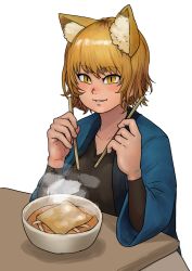 1girl absurdres aburaage alternate_costume animal_ear_fluff animal_ears black_shirt blonde_hair blush bowl chanta_(ayatakaoisii) chopsticks collarbone commentary_request female_focus food fox_ears hands_up haori highres holding holding_chopsticks japanese_clothes long_sleeves looking_at_viewer no_headwear parted_lips shirt short_hair simple_background slit_pupils solo soup steam table touhou upper_body white_background wide_sleeves yakumo_ran yellow_eyes