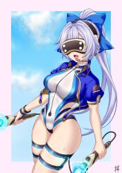 1girl blue_bow blue_jacket blue_one-piece_swimsuit blue_sky blush bow breasts controller fate/grand_order fate_(series) guriguri_(arayotto4351) hair_bow head-mounted_display headset highleg highleg_one-piece_swimsuit highres jacket large_breasts long_hair one-piece_swimsuit open_clothes open_jacket open_mouth ponytail short_sleeves sky smile solo swimsuit thigh_strap thighs tomoe_gozen_(fate) tomoe_gozen_(swimsuit_saber)_(fate) tomoe_gozen_(swimsuit_saber)_(first_ascension)_(fate) two-tone_swimsuit white_hair white_one-piece_swimsuit wristband