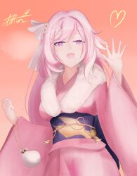 1girl absurdres alternate_costume artist_name breasts diamond-shaped_pupils diamond_(shape) elf elysia_(herrscher_of_human:_ego)_(honkai_impact) elysia_(honkai_impact) fur-trimmed_kimono fur_trim hair_ornament heart highres honkai_(series) honkai_impact_3rd japanese_clothes kimono large_breasts long_hair open_mouth orange_background pink_hair pink_kimono pointy_ears purple_eyes solo symbol-shaped_pupils thor_gdgd very_long_hair waving_hands