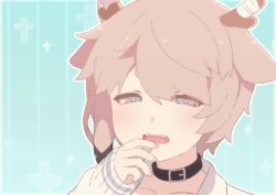 1girl :3 animal_ears animated antlers bandages black_ribbon blue_background blue_eyes borrowed_character brown_hair closed_eyes closed_mouth collar collarbone cross deer_ears deer_girl fangs female_focus hair_ribbon half-closed_eyes hand_to_own_mouth hand_up horns linmiu_(smilemiku) long_sleeves looking_at_viewer open_mouth original outline portrait ribbon short_hair sidelocks sleepy sleeves_past_wrists solo sweater teeth upper_body video white_outline white_sweater yawning