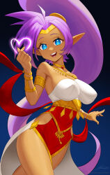 1girl absurdres bare_shoulders black_background blue_background blue_eyes breasts cleavage collarbone covered_erect_nipples dancer dancer_(fire_emblem:_three_houses) dark-skinned_female dark_skin dress fire_emblem fire_emblem:_three_houses genie gradient_background heart highres hip_vent large_breasts long_hair looking_at_viewer nintendo paid_reward_available patreon_username pointy_ears purple_hair red_ribbon revenantart ribbon shantae shantae_(series) signature solo tiara very_long_hair white_dress