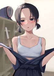 1girl absurdres black_hakama blue_kimono blush bougu breasts brown_hair collarbone commentary_request forehead getabako hakama highres indoors japanese_clothes kendo_mask kimono kimono_pull low_twintails medium_hair nagio_(kiona) open_clothes open_kimono open_mouth original pulling_own_clothes purple_eyes shinai short_sleeves short_twintails sidelocks small_breasts solo sports_bra sweat sword twintails upper_body weapon white_sports_bra