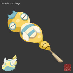 artist_logo artist_name character-themed_food character_name creatures_(company) dango dunsparce food food_focus food_name game_freak gen_2_pokemon grey_background highres logo nintendo no_humans pokemon pokemon_(creature) simple_background skewer wagashi yuki00yo