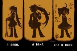 3girls ahoge akita_neru boots cellphone collared_shirt deltarune detached_sleeves drill_hair hatsune_miku kasane_teto kasane_teto_(utau) koasku long_hair monochrome multiple_girls necktie oversized_object phone shirt side_ponytail simple_background skirt spring_onion triple_baka_(vocaloid) twin_drills twintails utau very_long_hair vocaloid