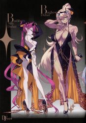 Rule 34 | 2girls, absurdres, ass, back, baobhan sith (fate), bare shoulders, barghest (fate), bb (fate), bb dubai (fate), bb dubai (fate) (cosplay), biceps, black dress, blonde hair, bracelet, breasts, butt crack, center opening, choco (chocolate shop), cleavage, cosplay, dress, earrings, fate/grand order, fate (series), full body, green eyes, grey eyes, grin, heterochromia, high heels, highres, horns, jewelry, large breasts, long hair, looking at viewer, medium breasts, multiple girls, necklace, pelvic curtain, pink hair, pointy ears, ponytail, red eyes, scan, side slit, sideboob, sidelocks, smile, thick thighs, thighs, tiara
