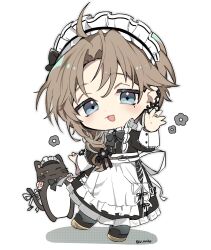 1boy apron black_bow black_dress black_ribbon blue_eyes bow braid braided_ponytail brown_hair chibi crossdressing dress ear_piercing frilled_dress frills full_body highres jewelry kanae_(20th_costume)_(nijisanji) kanae_(nijisanji) maid maid_apron maid_headdress male_focus mole mole_under_eye nijisanji one_eye_closed piercing ribbon ring roto_(kanae) solo twitter_username v_nnhr virtual_youtuber white_ribbon