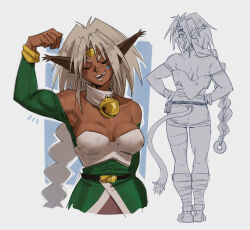 aisha_clanclan animal_ears bell braid breasts cat_ears circlet dark-skinned_female dark_skin flexing gutalalaman highres jingle_bell long_hair medium_breasts muscular muscular_female neck_bell outlaw_star single_braid very_long_hair