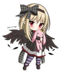1girl absurdres artist_name black_boots black_dress black_hairband black_ribbon black_wings blonde_hair boots chibi dark_feather_alma dated dress emil_chronicle_online hairband highres holding holding_stuffed_toy pointy_ears purple_thighhighs red_eyes ribbon standing striped_clothes striped_thighhighs stuffed_toy thighhighs white_background wings yanapy
