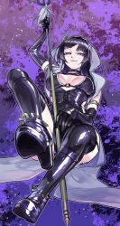 aya_gozen black_eyes black_hair blunt_bangs boots breasts choker cleavage cleavage_cutout clothing_cutout corset dominatrix elbow_gloves eyelashes gloves half-closed_eyes high_heel_boots high_heels hip_vent hood large_breasts long_eyelashes looking_at_viewer looking_down official_alternate_costume parted_bangs sengoku_musou staff thighs