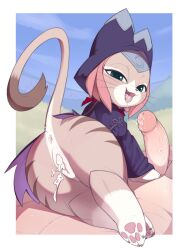 1boy 1girl absurdres aftersex animal_ears animal_feet animal_hood anus aqua_eyes ass border bottomless cat_ears cat_girl cat_hood cat_tail commentary covered_erect_nipples cum cum_in_pussy digitigrade felyne furry furry_female furry_with_non-furry girl_on_top hetero highres hood hood_up interspecies kekitopu looking_at_viewer monster_hunter_(series) monster_hunter_stories_2 outdoors pawpads penis pov saliva shortstack striped_fur symbol-only_commentary tail tongue tongue_out tsukino_(monster_hunter) white_border