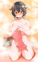 1girl artist_name black_hair blush breasts collarbone covering_privates dated groin hair_between_eyes hair_flaps hair_ornament highres jingei_(kancolle) kantai_collection kirisawa_juuzou large_breasts long_hair naked_towel nude_cover red_eyes solo steam tile_wall tiles towel