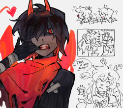 1girl 1other alternate_costume alternate_universe antlers black_hair choker commentary deer_antlers deer_girl deltarune demon_horns demon_tail demon_wings english_commentary english_text frilled_choker frills furry furry_female goomyloid hair_over_one_eye highres holding holding_polearm holding_weapon horns kris_(deltarune) multicolored_hair noelle_holiday picking_teeth polearm red_eyes red_hair red_horns red_scarf red_tail red_wings scarf short_hair tail trident two-tone_hair weapon wings