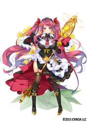 Rule 34 | 1girl, back bow, black boots, black capelet, black gloves, black hairband, black skirt, black thighhighs, boots, bow, braid, breasts, capelet, closed mouth, cowslip (flower knight girl), dress bow, flower, flower knight girl, frilled hairband, frills, full body, gloves, hair bow, hairband, holding, holding staff, huge breasts, key, kurot, legs apart, long hair, looking at viewer, name connection, necktie, object namesake, official art, red bow, red eyes, red hair, red necktie, side braid, simple background, skirt, smile, solo, staff, standing, thigh strap, thighhighs, twintails, very long hair, white background, white bow