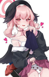 1girl animal_print bear_panties bear_print beret black_cardigan black_hat black_wings blue_archive blush body_markings bra camel cardigan chaum clothes_lift commentary covered_erect_nipples cowboy_shot embarrassed flat_chest halo hat head_wings heart highres holding koharu_(blue_archive) lifting_own_clothes loli medium_hair miniskirt nose_blush panties pink_hair pink_halo pleated_skirt print_panties raised_inner_eyebrows red_eyes red_skirt skirt skirt_lift solo standing sweat twintails underwear white_bra white_panties wings