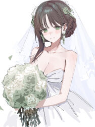 1girl absurdres bare_arms bare_shoulders black_survival blush bouquet braid braided_bun breasts bridal_veil bride brown_hair cleavage collarbone commentary commentary_request dress earrings english_commentary eternal_return:_black_survival falling_petals flower flower_earrings green_eyes green_flower green_petals gweon_sua hair_behind_ear hair_bun hair_intakes highres holding holding_bouquet jewelry korean_commentary large_breasts looking_at_viewer low_neckline mixed-language_commentary okchun petals simple_background single_sidelock sketch smile solo split_mouth strapless strapless_dress updo veil wedding_dress white_background white_dress white_flower white_veil wispy_bangs