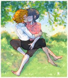 1boy 1girl absurdres alternate_costume barefoot black_hair black_pants blush brown_hair celestia_ludenberg closed_eyes collared_shirt danganronpa:_trigger_happy_havoc danganronpa_(series) fujisaki_chihiro grass highres pants pink_shirt shirt shirt_tucked_in short_hair sitting smile twinklelitchii white_shirt
