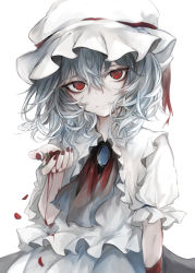 1girl ascot bandaged_arm bandages blouse blue_hair brooch commentary gradient_ascot hair_between_eyes hasunokaeru hat hat_ribbon head_tilt highres holding jewelry looking_at_viewer mob_cap nail_polish petals puffy_short_sleeves puffy_sleeves red_ascot red_eyes red_nails red_ribbon remilia_scarlet ribbon shirt short_hair short_sleeves skirt solo stained_clothes touhou upper_body white_ascot white_hat white_shirt white_skirt