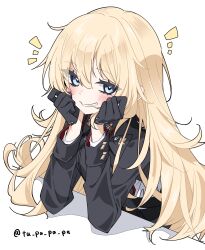 1girl absurdres ahoge blonde_hair blue_eyes blush eyes_visible_through_hair gloves goddess_of_victory:_nikke grin guillotine_(nikke) half_gloves head_on_hands highres jacket long_hair looking_at_viewer smile tu_pa_pa_pa twitter_username very_long_hair white_background
